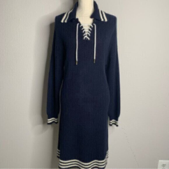 Ralph Lauren Blue & White Sweater Midi Long Sleeve Dress - Picture 7 of 11